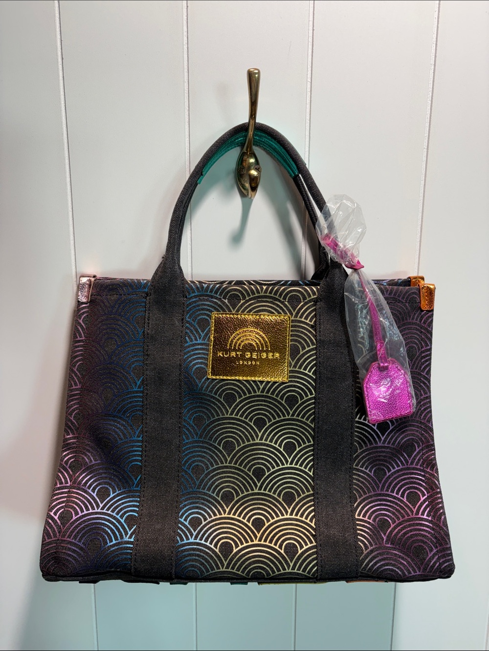 NWT Kurt Geiger London small southbank rainbow tote black canvas
